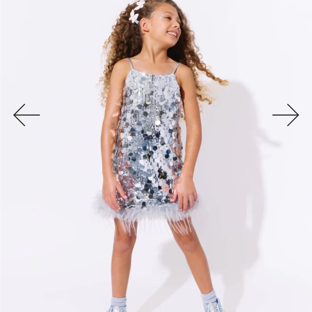 Lola & the Boys Girls Size 8 Silver Sequin Mini Skirt with Feather Hem
